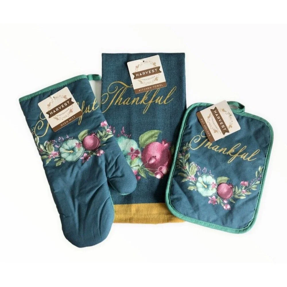 Thankful Kitchen Dish Towel Oven Mitt Potholder Thanksgiving Autumn Fall Set of3